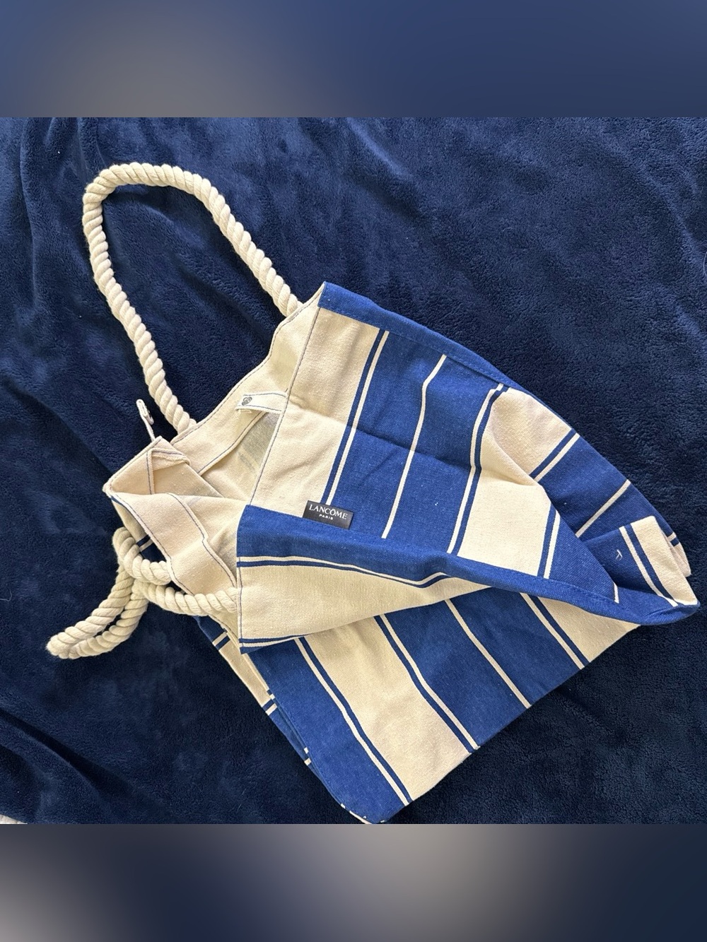 New Lancome Navy Blue and Cream Striped Tote with Rope Handles